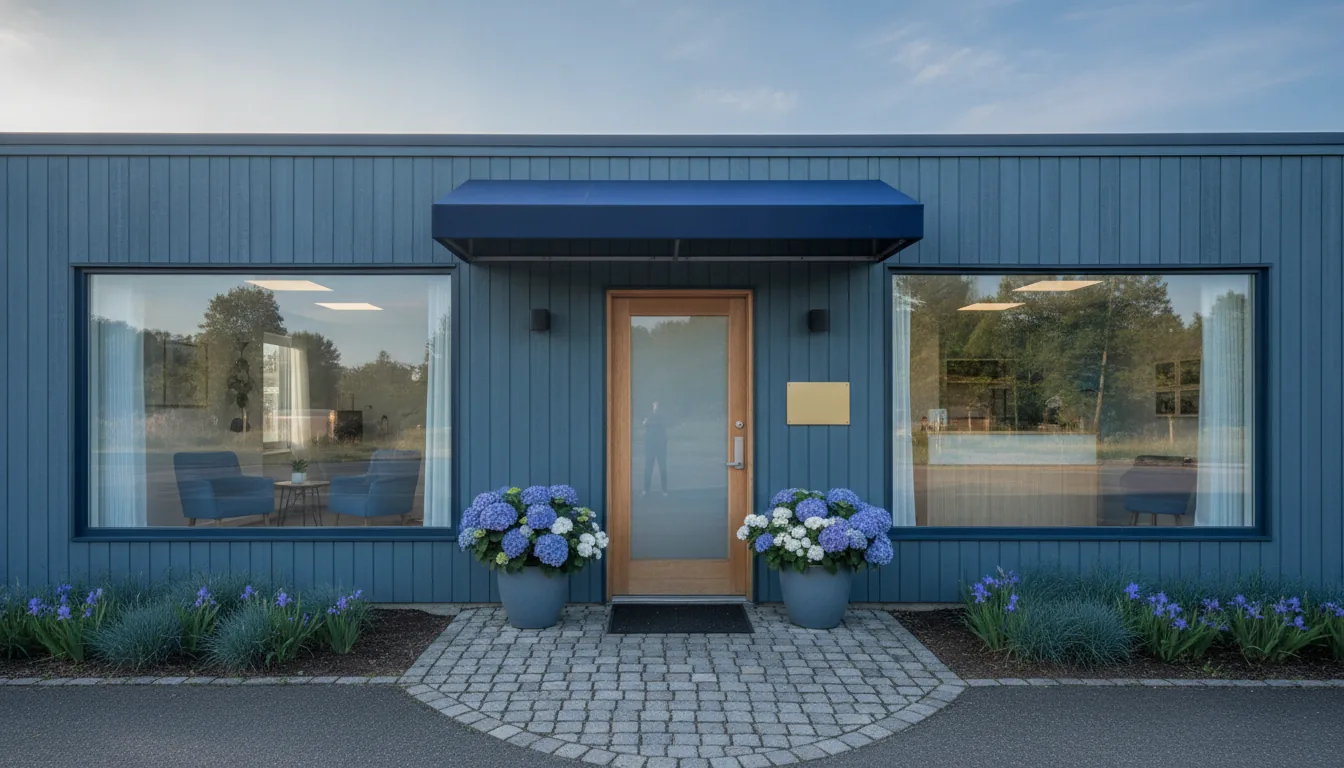 A welcoming commercial storefront and office exterior in soft daylight, clean and local with blue tones