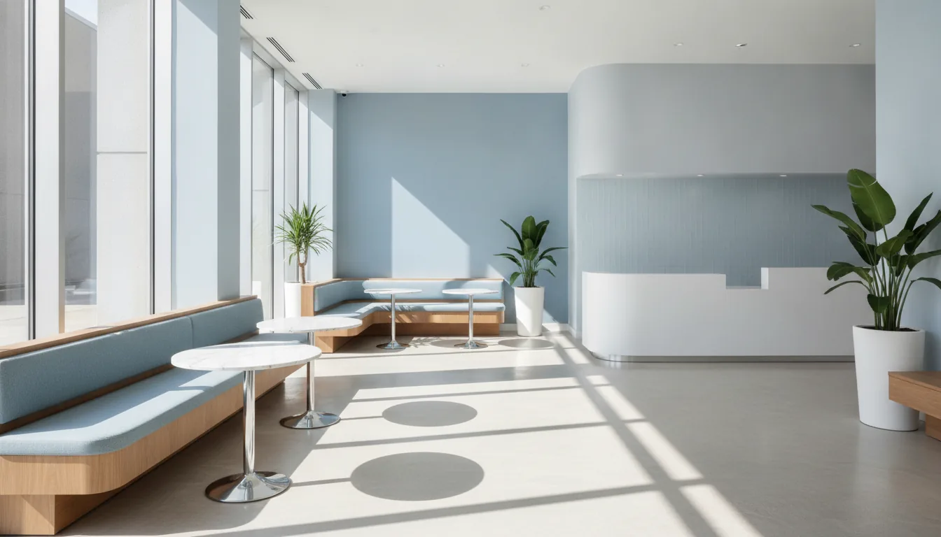 A clean, bright commercial interior with fresh light streaming in — a spotless office and restaurant space in soft blue tones.