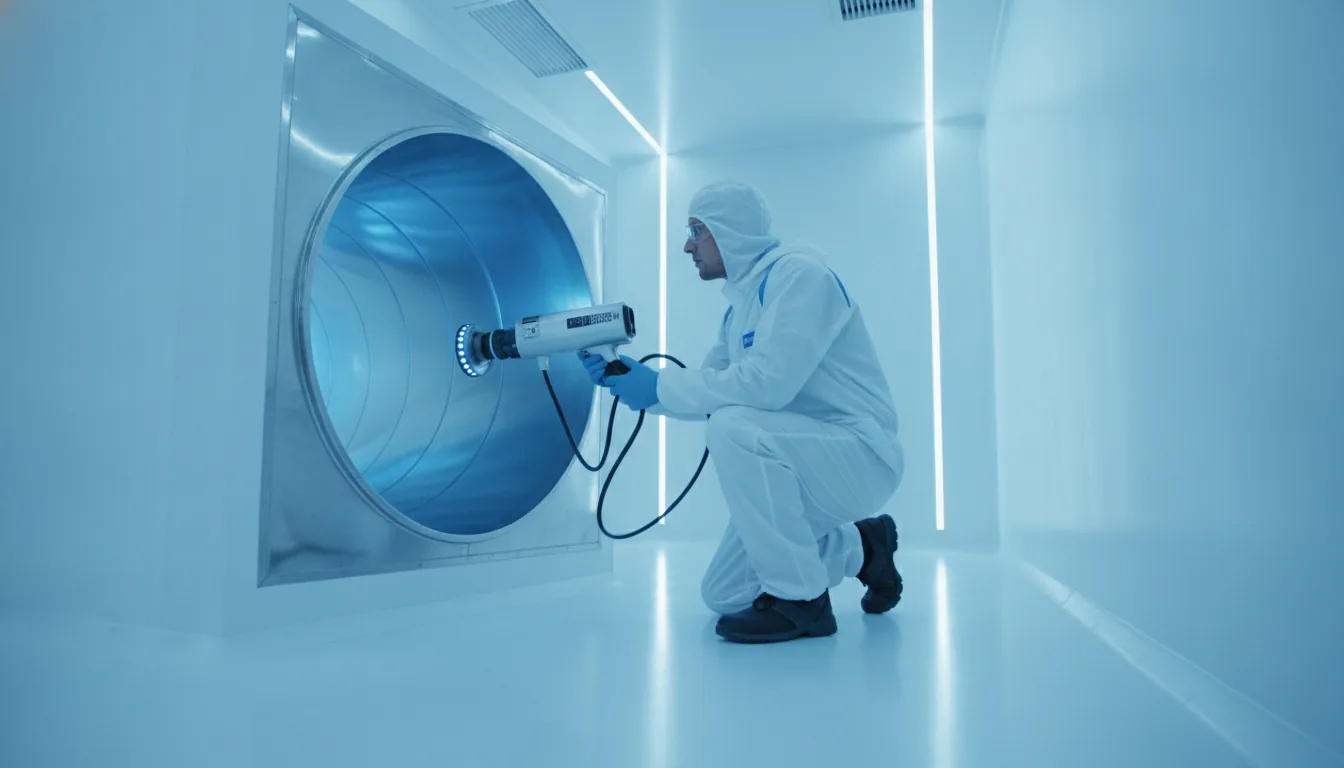 A Spot Free technician with a camera inspecting the inside of a duct, bright and clinical in blue tones