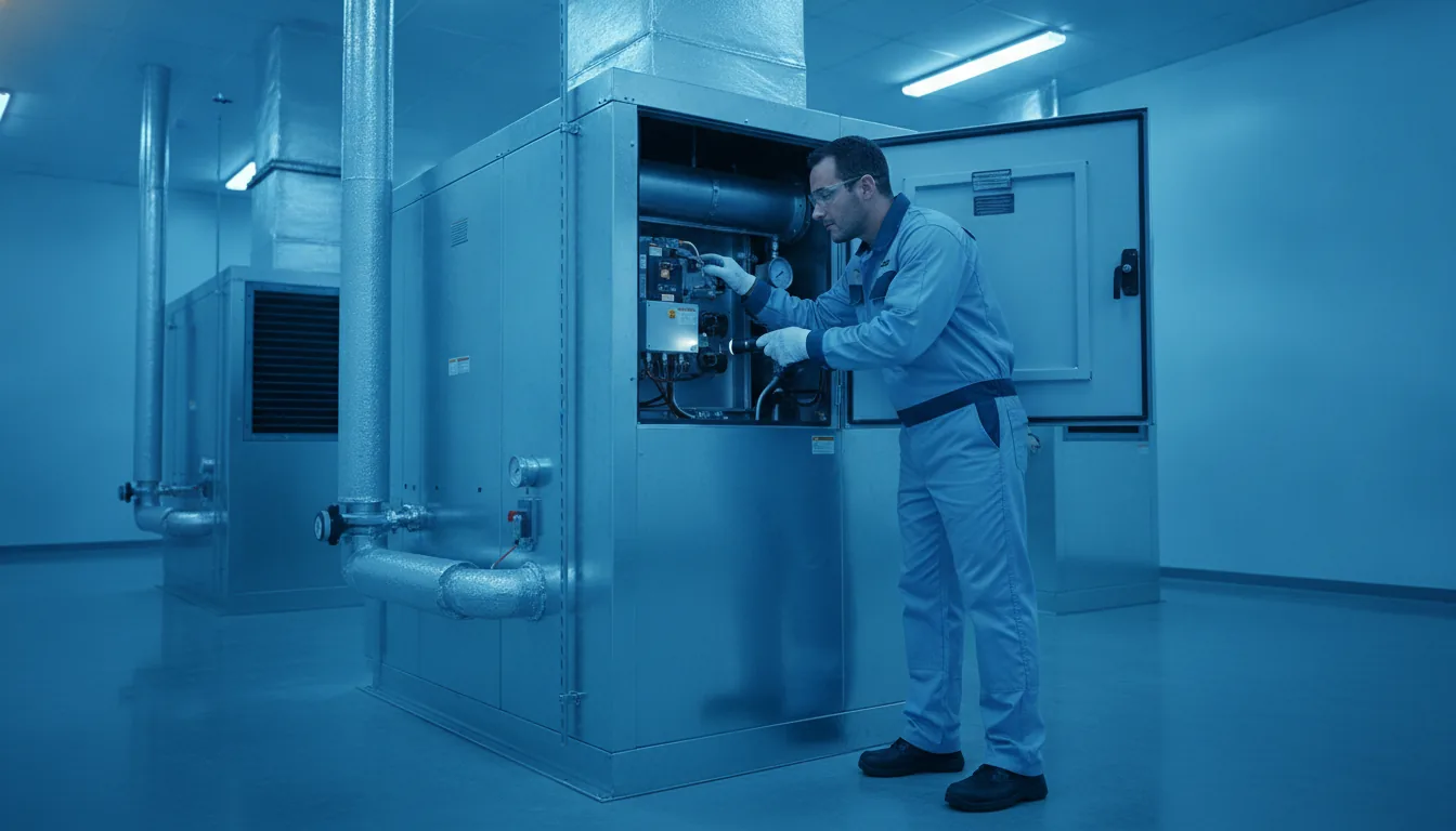 A Spot Free technician in a clean uniform inspecting a commercial air handler unit.