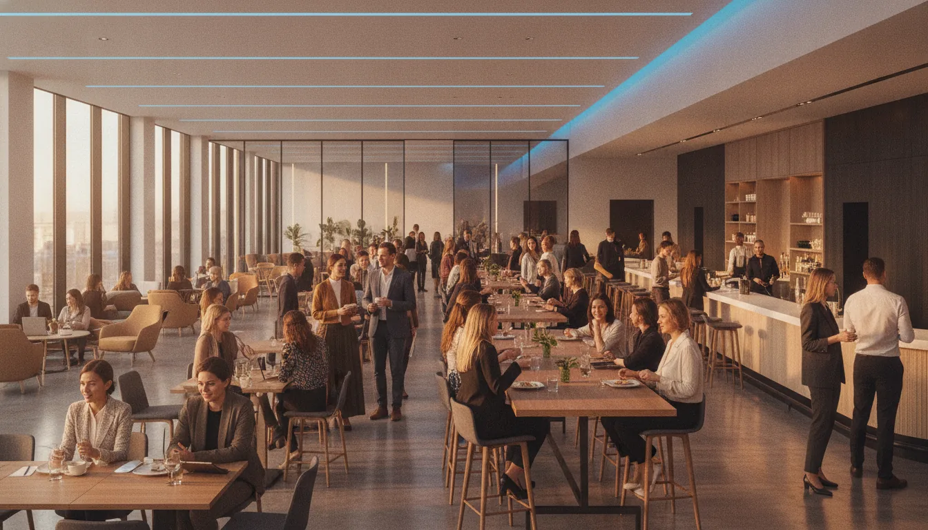 A busy restaurant with a warm, confident crowd of customers under clean, bright lighting